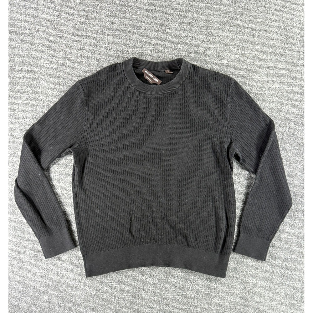 Michael Kors Mens Black Pima Cotton Ribbed Crew Neck Sweater Large